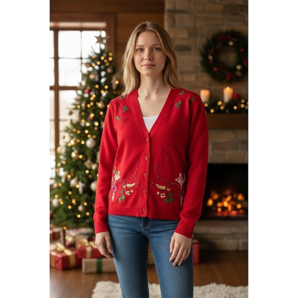 Christmas Vintage Berek Women's Red Embroidered Holly Cardigan Sweater S festive